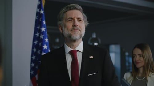 American Politician at Press Conference After Campaign Speech