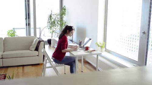 Woman Working at Desk in Bright Modern Apartment