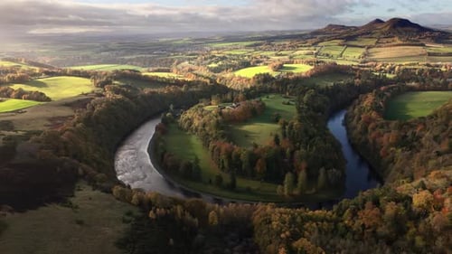 Aerial view of River Tweed and Eildon Hills, United Kingdom.