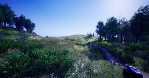 Lebendige Frühlingslandschaft mit blühenden Blumen und gewundenem Pfad in der Landschaft