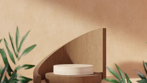 Creative Wooden Object and Podium with Potted Plants 3d Render