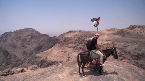 Man Riding Donkey With Flag On Mountain Top
