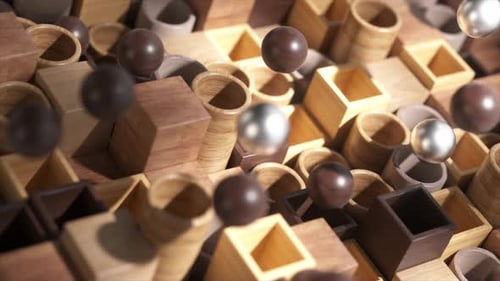 Abstract Geometric Wooden Blocks with Rhythmic Sphere Bounces