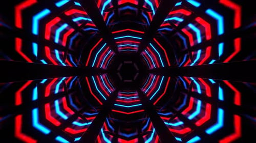 Roter und blauer sechseckiger Neon-Tunnel-Hintergrund mit Spiegelung VJ Loop In 4K