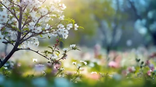 Sunlit White Blossoms on Tree in Spring Breeze