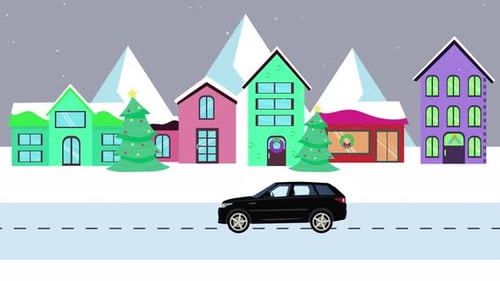 Christmas Town Snow City Car on Road Animation