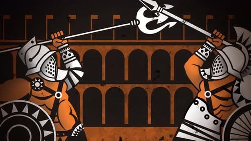 gladiators fighting in the roman colosseum in orange greek vase style