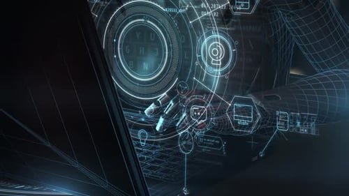 Programmierer verwendet Laptop mit holographischer Benutzeroberfläche und futuristischer Tastatur