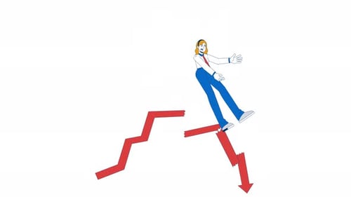 Panicked businesswoman falling with breaking chart arrow 2D animation