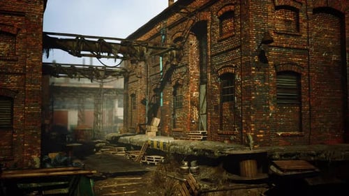 Abandoned Industrial Factory Buildings at Sunset