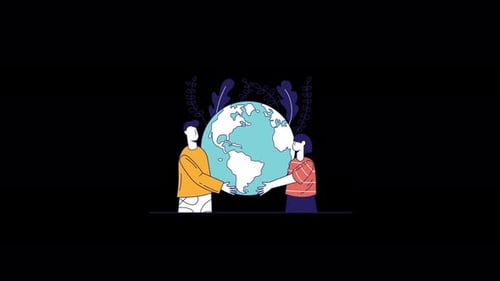 Two people holding the globe representing unity and collaboration.