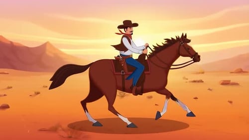 Wild West Cowboy Riding Horse in Desert Landscape at Sunset - Adventure - Cartoon Animations