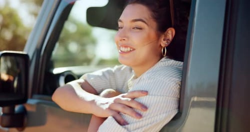 Window, road trip and woman with smile, car and excited for tourism in vehicle, journey or holiday