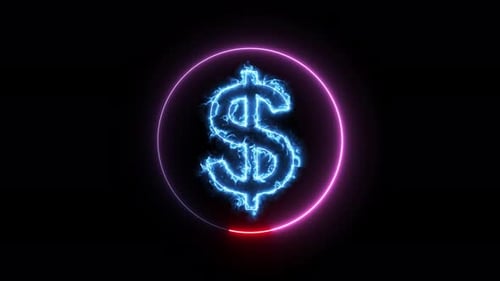 Electric Neon Dollar Sign with Rotating Glowing Circle Loop
