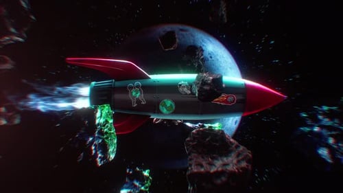 Retro Rocket Flying By The Moon Through Space Loop