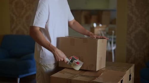 Person Sealing Moving Box with Tape Gun