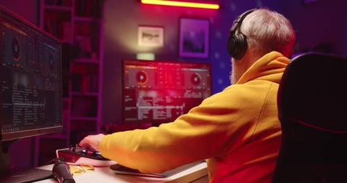 Stylish Caucasian Elderly Audio Engineer Working in Music Recording Home Studio Uses Mixing Board