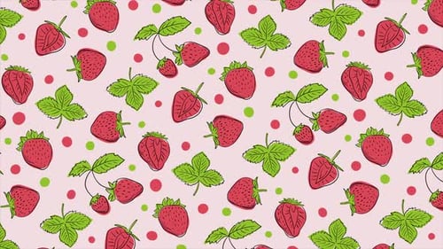 Animated Hand-Drawn Strawberry and Leaf Seamless Loop Pattern
