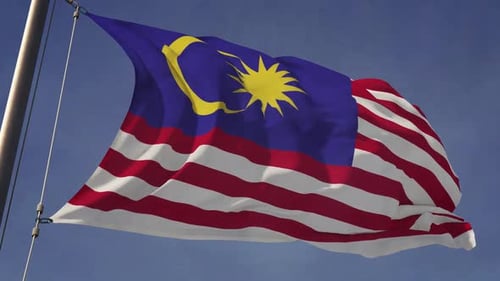 Realistic Waving Malaysian Flag on a Flagpole in Blue Sky