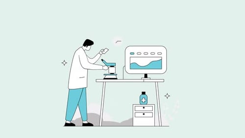 Scientist Working with Microscope and Computer Flat Design Animation