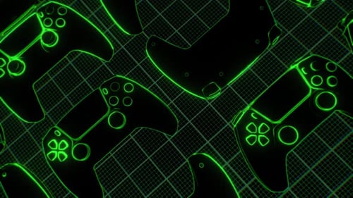 Neon Green Game Controllers Rotating on Grid Loop Background