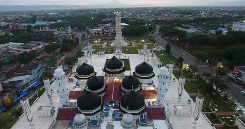 Aerial Video of Baiturrahman Grand Mosque, Banda Aceh, At Dawn