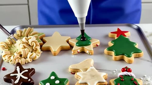 Christmas Tree-Shaped Cookies with Green Icing and Star-Shaped Chocolate Cookies