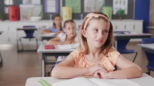 Happy diverse schoolgirls at desks raising hands in classroom at elementary school