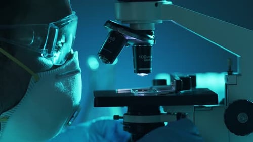 Closeup of Scientific Microscope Laboratory in Hospital Epidemic Disease Healthcare Vaccine Research