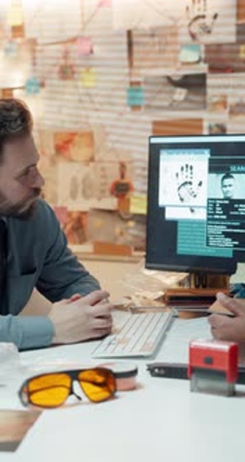 Computer screen, conversation and investigation with detective people in office for problem solving