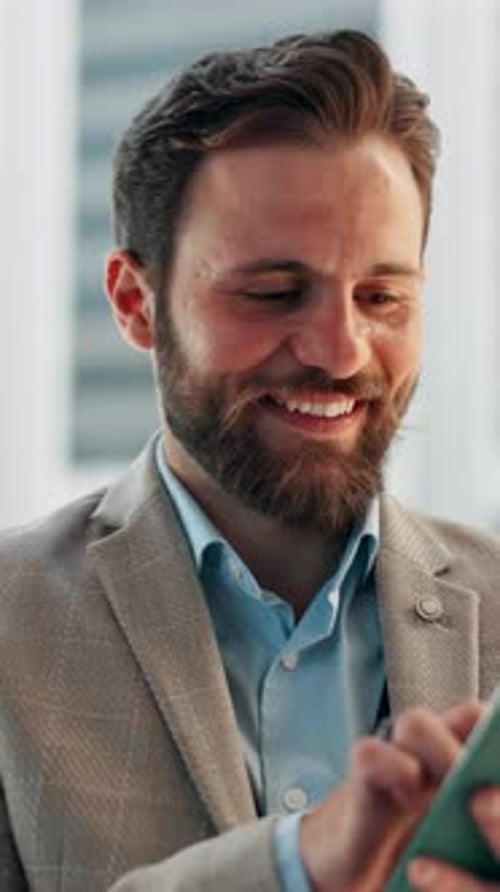 Phone, smile and businessman in city with networking, communication or email for finance deal