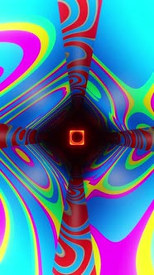 Abstract multicolored tunnel with glowing orange cube in the center. Looped animation