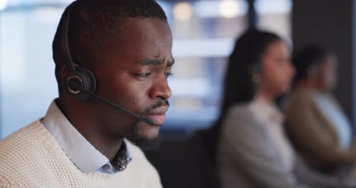 Call center, customer service and man consultant in the office doing online crm consultation