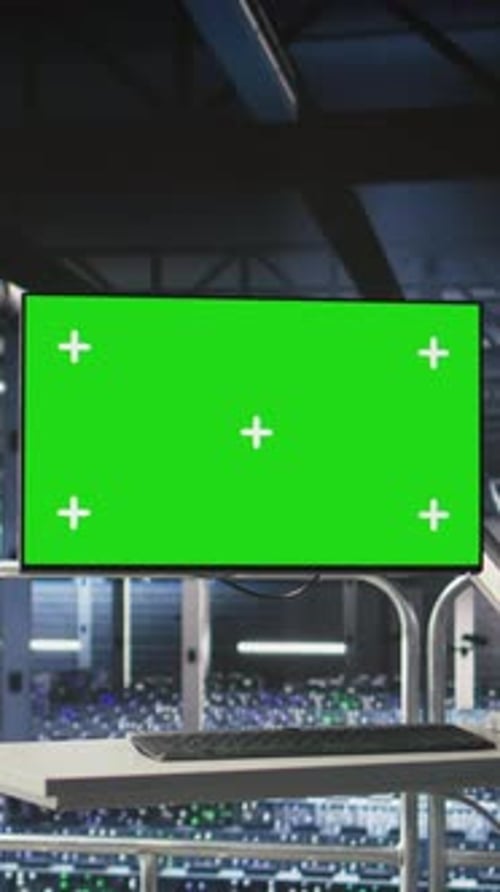 Vertical Video Mockup Computer in Industrial Data Center Used for AI System Monitoring