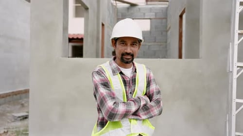Construction Worker Puts on Hard Hat at Job Site