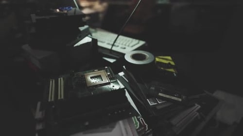 A Cluttered Workspace Filled with Computer Parts and Tools at Night