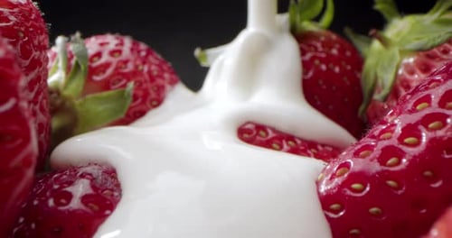 Cream is Poured Over Fresh Red Strawberries