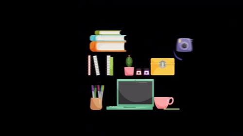 Office Work Desktop Elements Falling to Down Alpha Channel