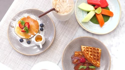 Overhead Shot of Breakfast Foods and Drink