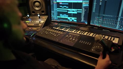 Professional Audio Engineer Using Digital Workstation in Modern Record Studio Music Production in