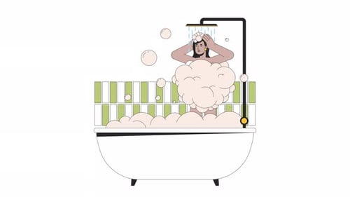 Woman Showering with Bubbles in Flat Design Illustration
