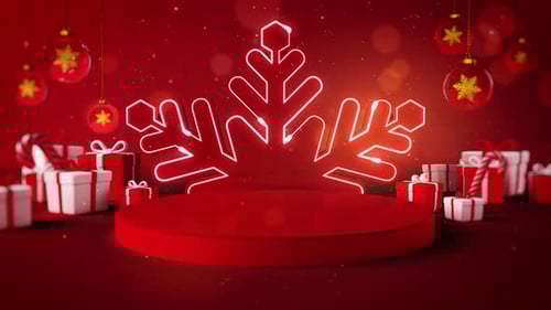 Glowing Neon Snowflake Stage with Christmas Gifts Background