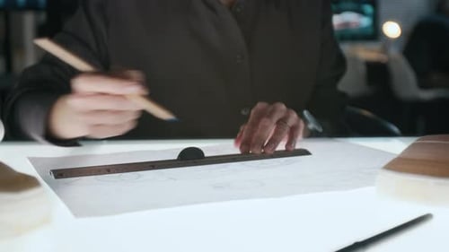 Hände einer Ingenieurin, die am Schreibtisch ein neues Autodesign zeichnet