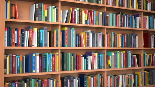 Library. Books ans textbooks on shelves in library or bookstore.