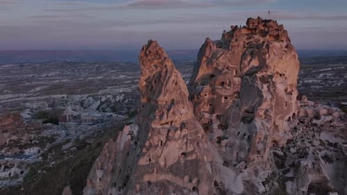 Cave Castle In Cappadocia, At Sunset, Turkey