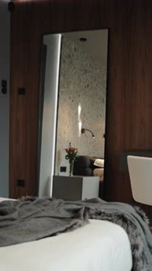 Modern Bedroom Interior with Mirror Reflection