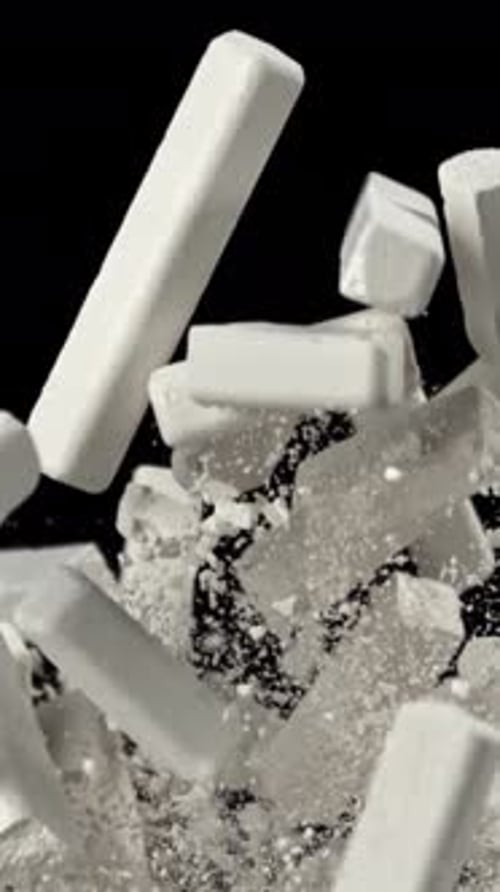 School Chalk Flies Up and Falls Down on a Black Background Filmed on a Highspeed Camera at 1000 Fps