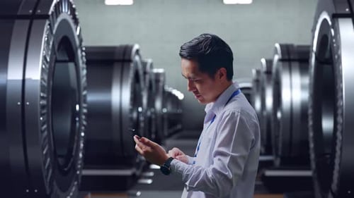 Asian Male Is Checking The Phone In Metal Factory