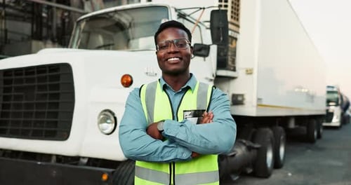 Man, face and truck for shipping with arms crossed, smile or pride for delivery in commercial