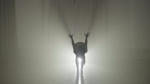 Woman Dances Gracefully in Foggy Room With Heels